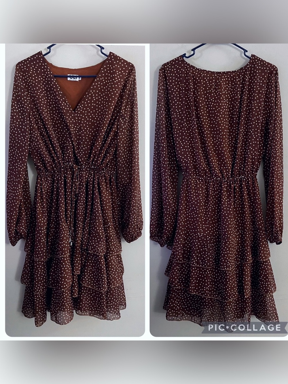 ULI Herzner Brown Polka Dot Tiered Long-Sleeve Dress Fairycore Boho Whimsical